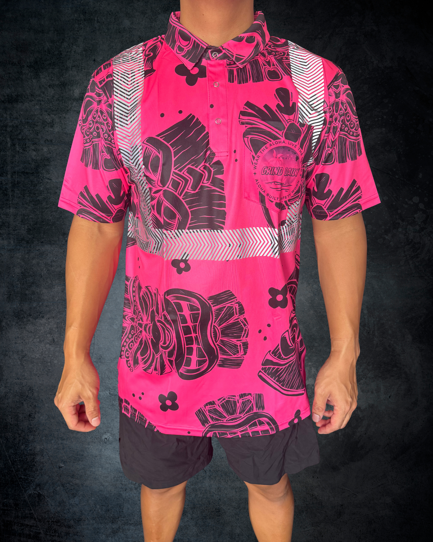 Pink & Black Tiki Reflective Polo
