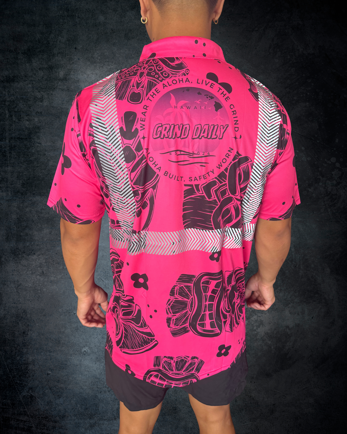 Pink & Black Tiki Reflective Polo