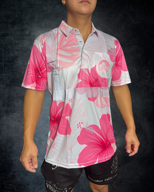 Silver & Pink Hibiscus Reflective Polo