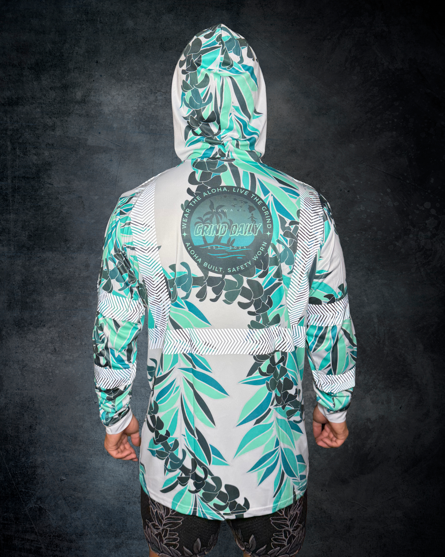 Teal & Gray Maile & Puakenikeni Lei Reflective Hoodie