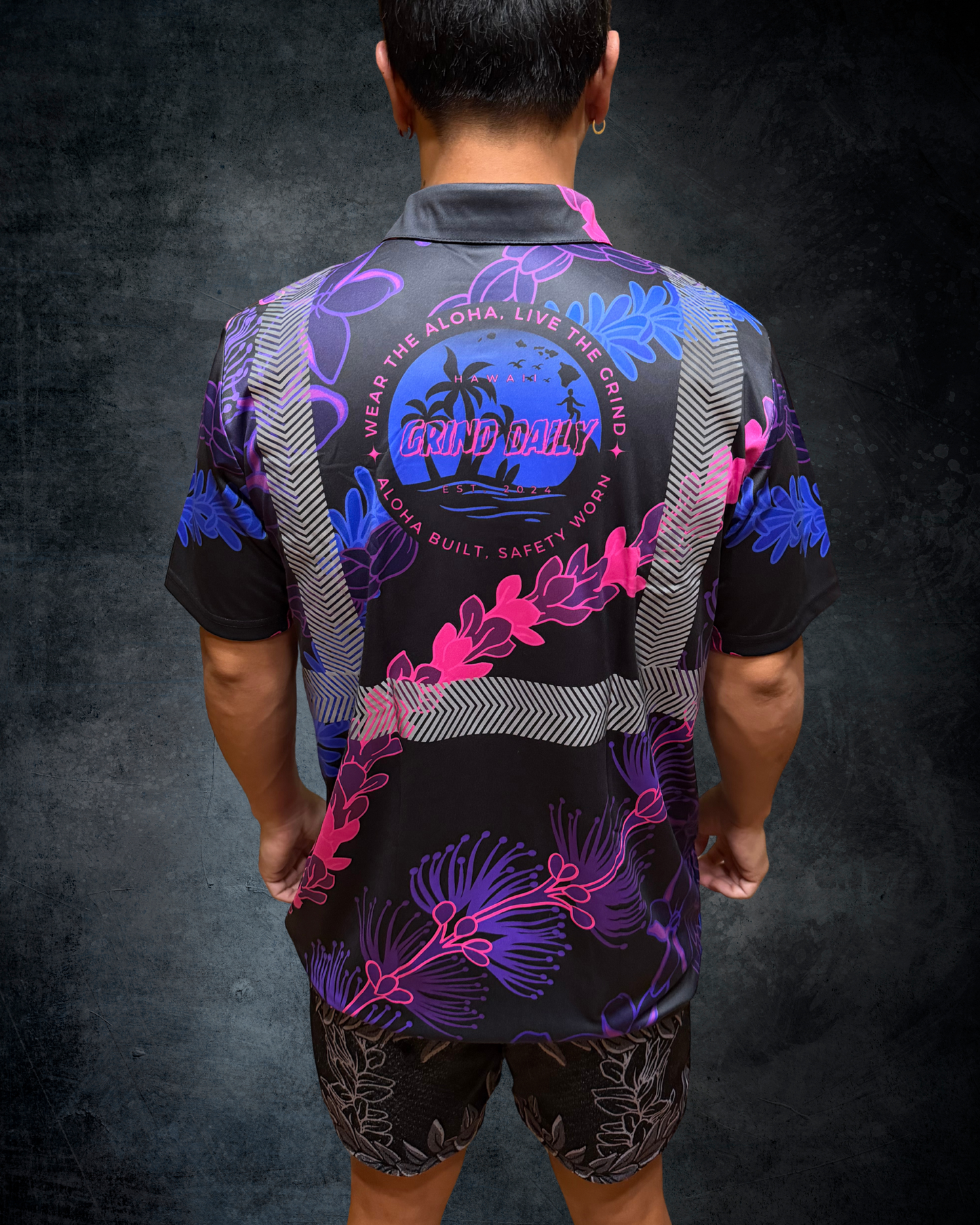 Ohia Lehua Agapanthus Pikake & Pakalana Lei Reflective Polo - Blue/Pink/Purple