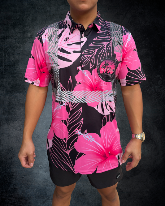 Black & Pink Hibiscus Reflective Polo