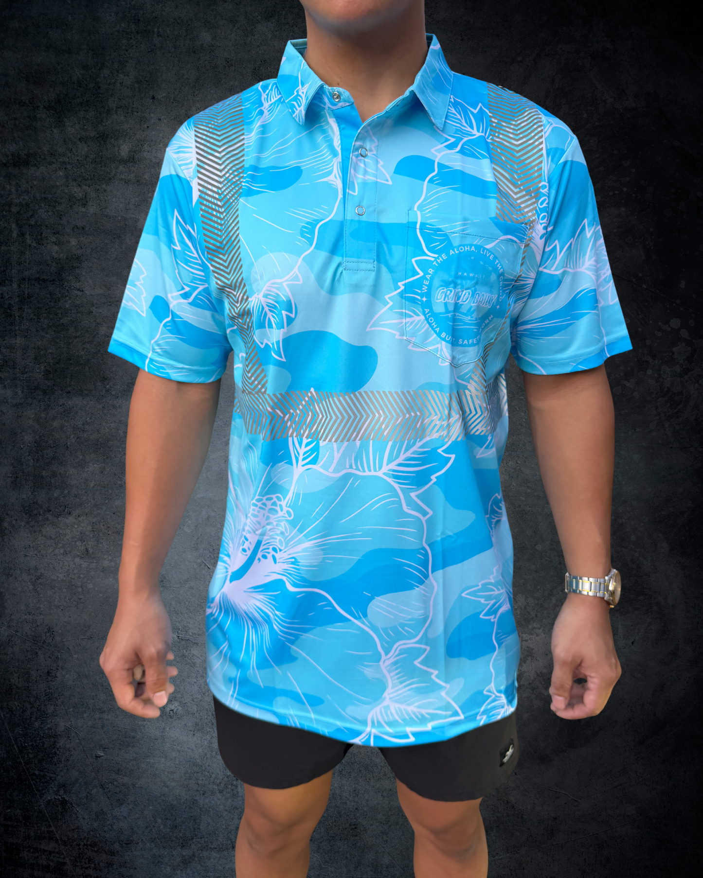 Blue Camo Hibiscus Reflective Polo