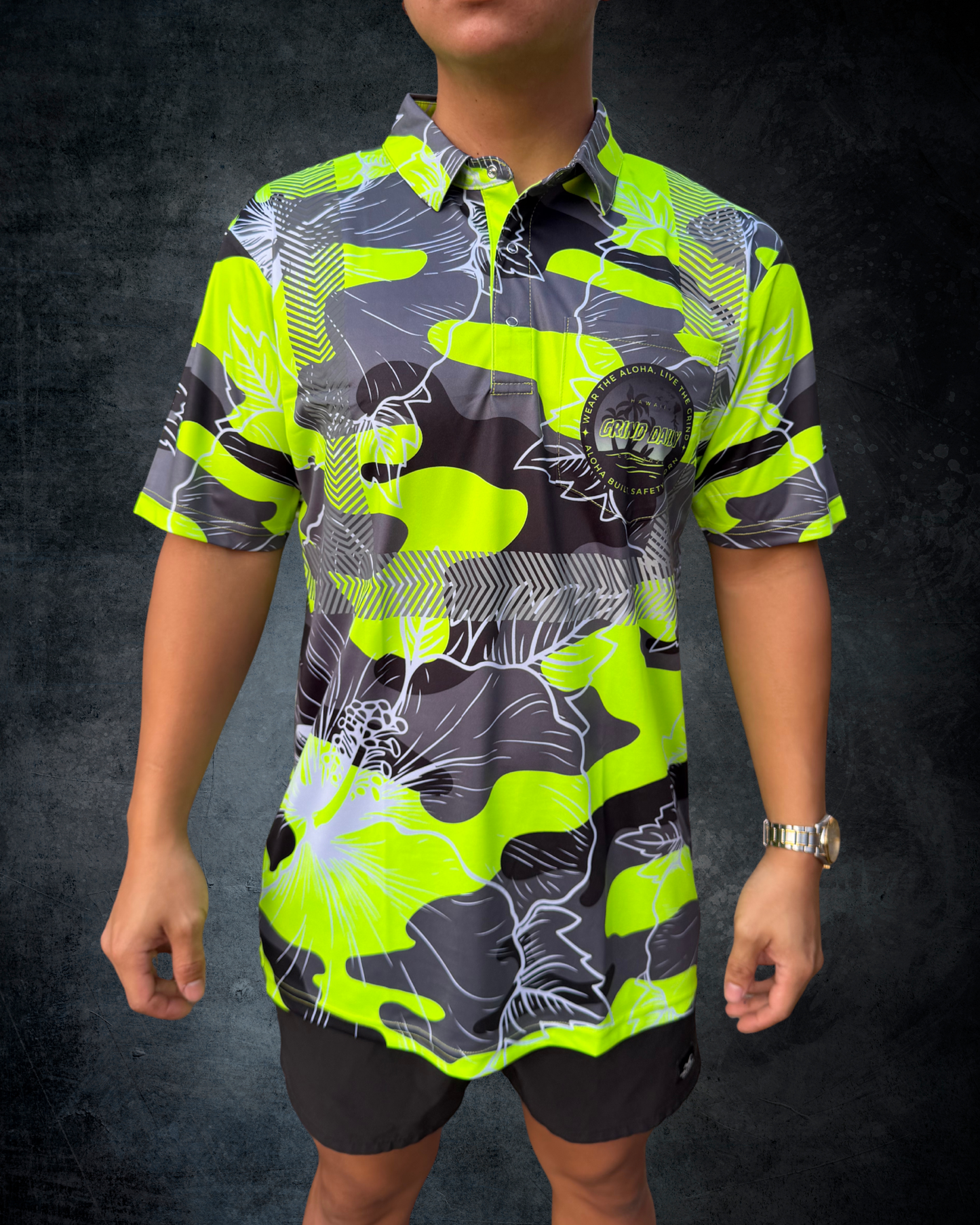 Green Camo Hibiscus Reflective Polo